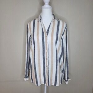 Tahari Linen Blend Striped Button Up Navy Tan‎ Coastal Grandmother Size L